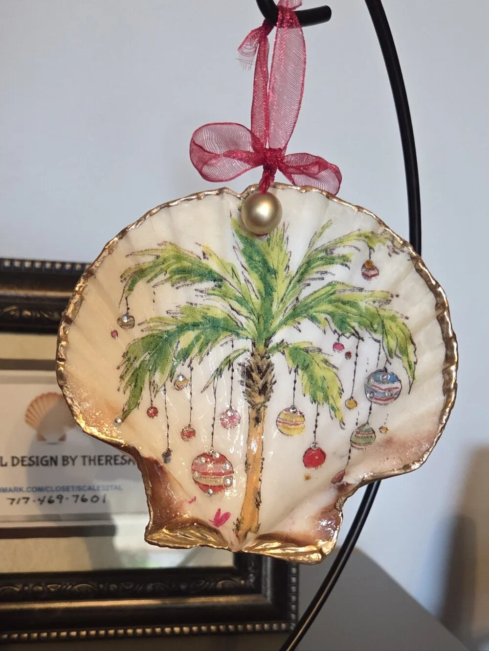 Handcrafted Ornament Scallop Shell With A Palm Tree Design
